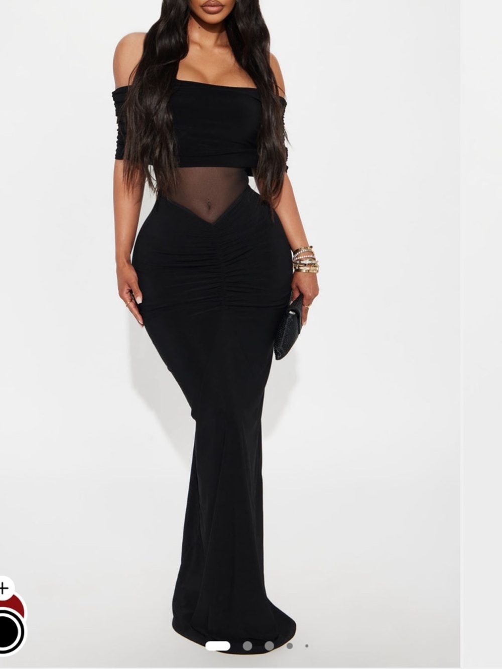 Off-Shoulder Ruched Maxi Dress in Black with Mesh Waist